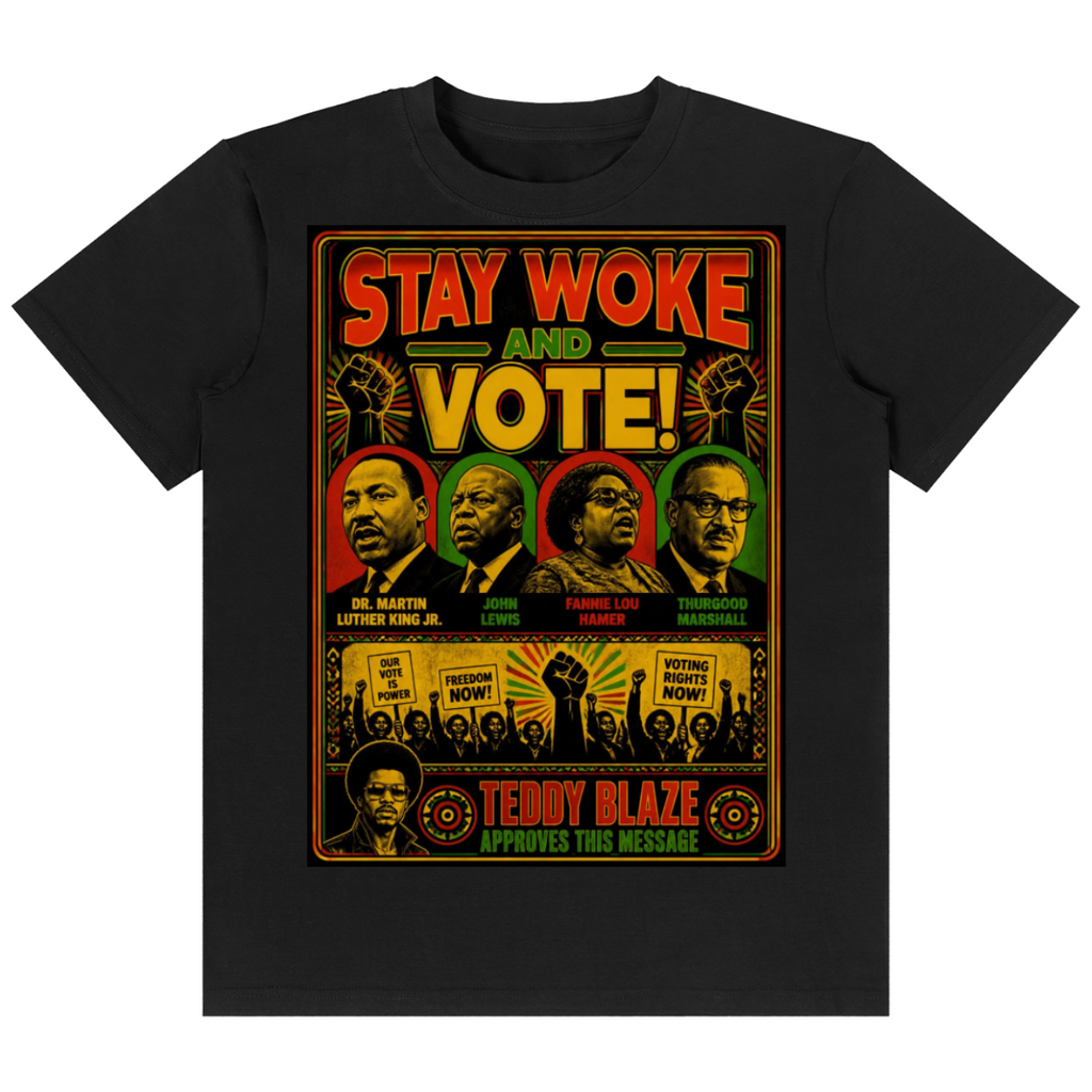 Shop the Stay Woke and Vote Classic Tee by Teddy Blaze. 180 GSM cotton-spandex stretch tee featuring a historic civil rights poster graphic from the TOPS line of The Mature Mocha Collection.