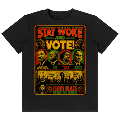 Shop the Stay Woke and Vote Classic Tee by Teddy Blaze. 180 GSM cotton-spandex stretch tee featuring a historic civil rights poster graphic from the TOPS line of The Mature Mocha Collection.
