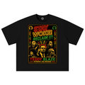 A black short-sleeve t-shirt with a large, colorful graphic print on the front. The graphic features portraits of Barack Obama, a red sunburst, and bold text reading 'STAY WOKE! RECLAIM IT! TEDDY BLAZE APPROVES THIS MESSAGE' in red, yellow, and green.