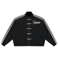 Elevate your outerwear rotation with the House of Teddy Blaze Afro Yorker Striped Sleeve Box Cut Pankou Jacket. Black 350 gsm heavyweight jacket, Pankou knot buttons, athletic sleeve stripes, Afro Yorker chest embroidery, and NYC Statue of Liberty back emblem. Shop NYC to Vegas style.