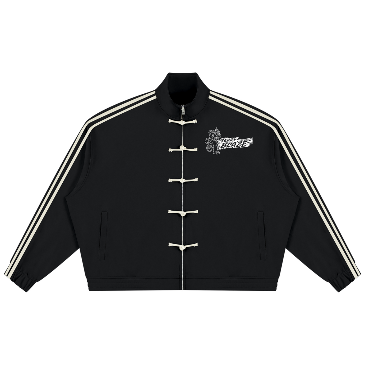 Elevate your outerwear rotation with the House of Teddy Blaze Afro Yorker Striped Sleeve Box Cut Pankou Jacket. Black 350 gsm heavyweight jacket, Pankou knot buttons, athletic sleeve stripes, Afro Yorker chest embroidery, and NYC Statue of Liberty back emblem. Shop NYC to Vegas style.