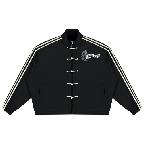 Elevate your outerwear rotation with the House of Teddy Blaze Afro Yorker Striped Sleeve Box Cut Pankou Jacket. Black 350 gsm heavyweight jacket, Pankou knot buttons, athletic sleeve stripes, Afro Yorker chest embroidery, and NYC Statue of Liberty back emblem. Shop NYC to Vegas style.