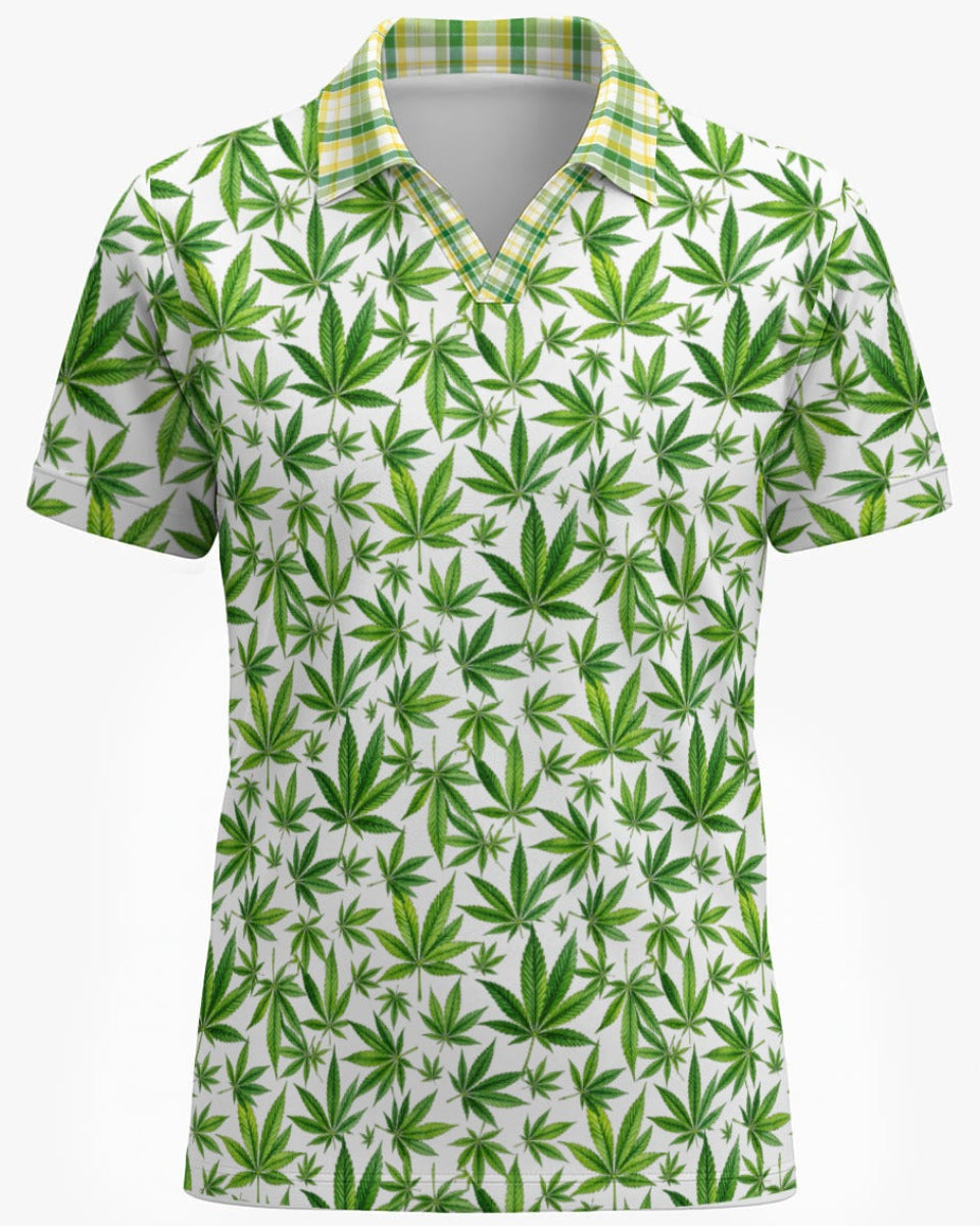 Shop the Iron + Ivy Tartan 420 Mesh Open Polo by Teddy Blaze. Breathable mesh golf polo featuring an all-over botanical leaf print with a contrast lime and yellow plaid open collar.