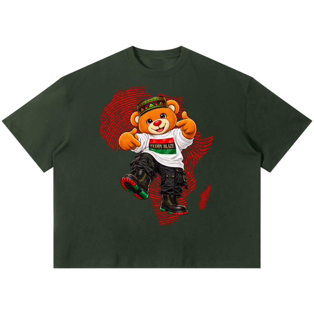 Shop the Teddy Blaze TBSU Heritage Graphic Boxy Cut Tee. Oversized dark green streetwear t-shirt featuring signature bear mascot artwork and a back university crest.