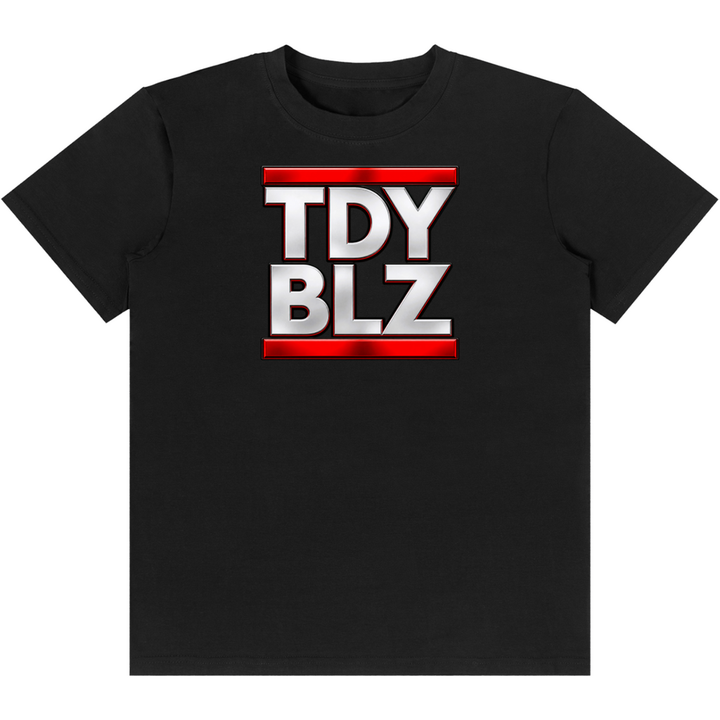 Shop the TDY BLZ Classic Tee by Teddy Blaze. 180 GSM cotton-spandex stretch tee with 3D metallic abbreviated logo print from the TOPS line of The Mature Mocha Collection.
