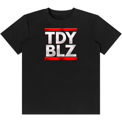 Shop the TDY BLZ Classic Tee by Teddy Blaze. 180 GSM cotton-spandex stretch tee with 3D metallic abbreviated logo print from the TOPS line of The Mature Mocha Collection.