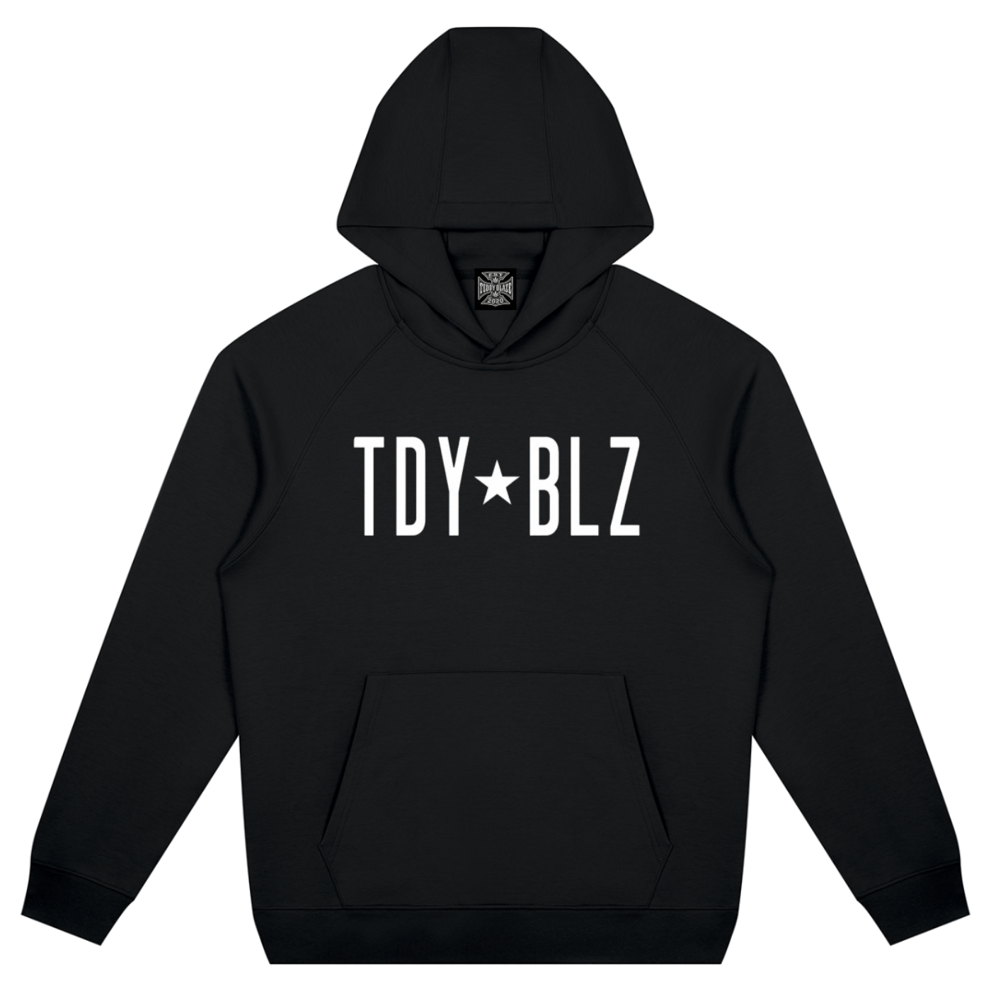 Shop the TDY BLZ Raglan Sleeve Hooded Jumper by Teddy Blaze. Heavyweight 380 GSM black tech fleece hoodie featuring "TDY★BLZ" stencil typography from THE BLAZE MAN.