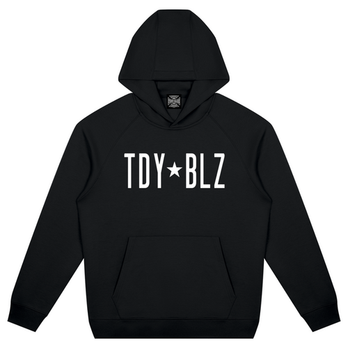 Shop the TDY BLZ Raglan Sleeve Hooded Jumper by Teddy Blaze. Heavyweight 380 GSM black tech fleece hoodie featuring "TDY★BLZ" stencil typography from THE BLAZE MAN.