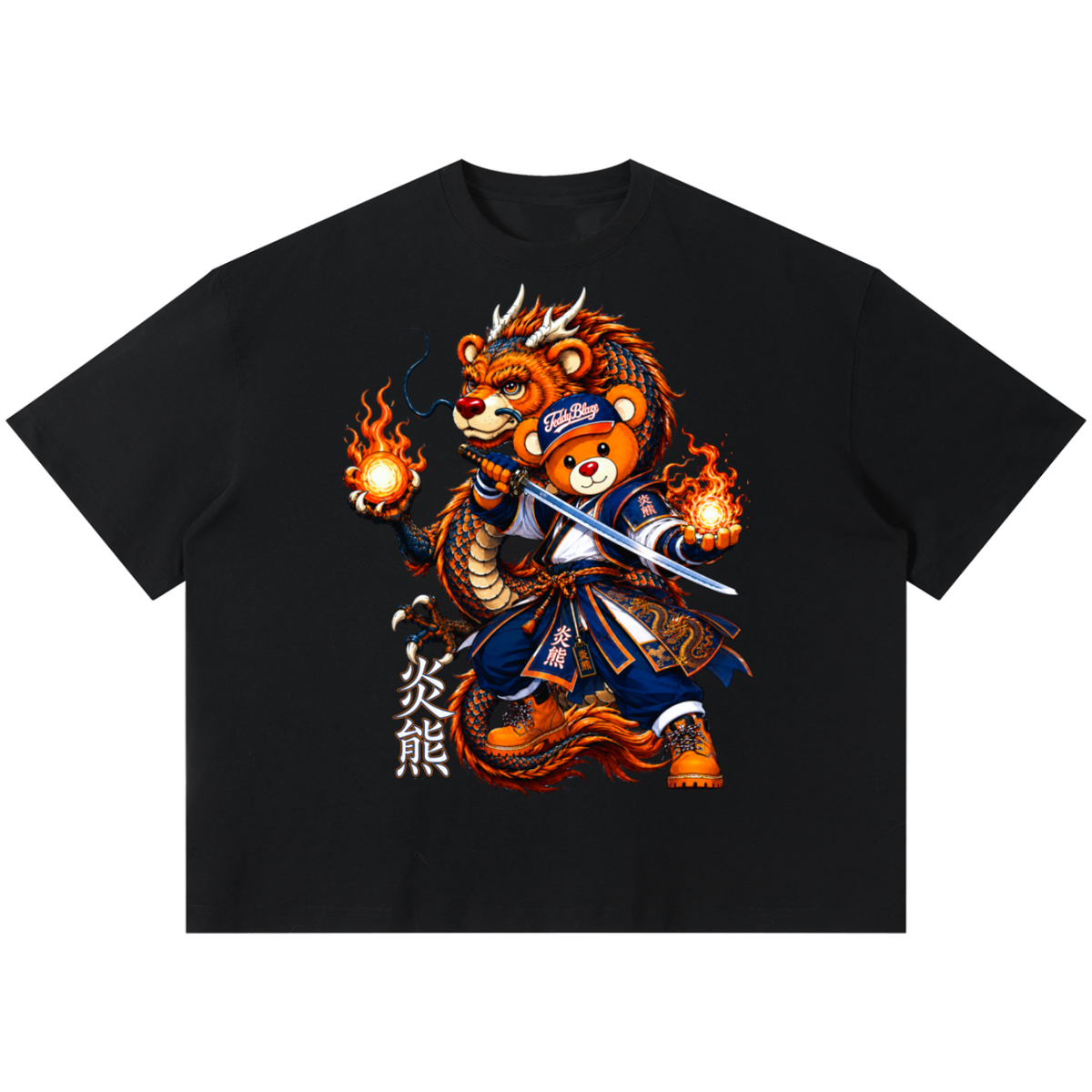 Shop the Team Dragon Boxy Tee by Teddy Blaze. 220 GSM cotton-poly oversized drop-shoulder t-shirt with samurai dragon graphic from TOPS BY TEDDY BLAZE.