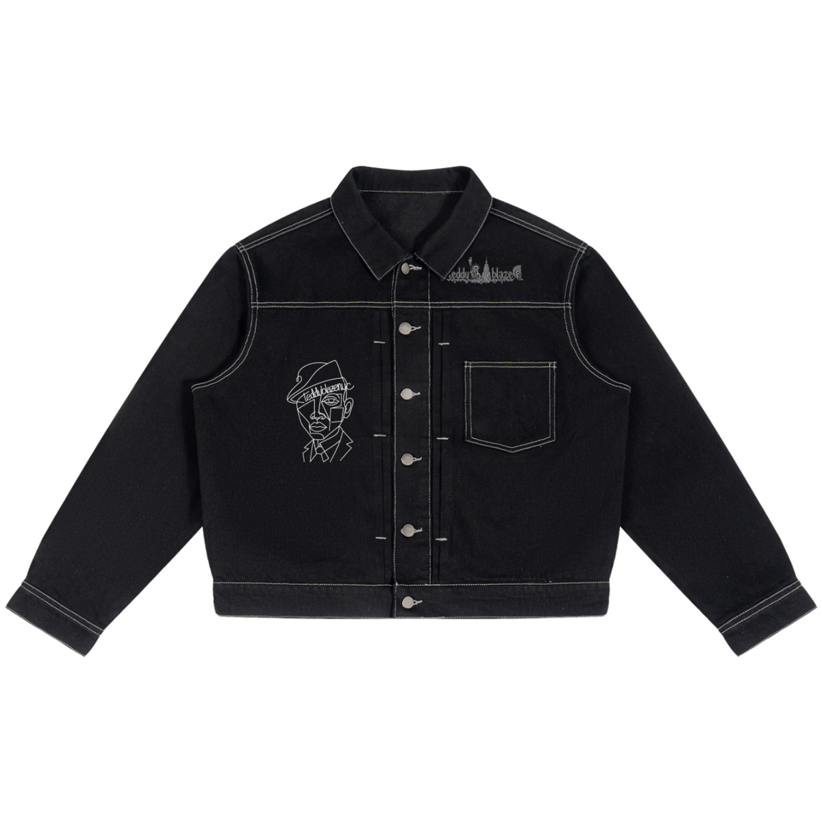 Elevate your luxury denim jacket lineup with the House of Teddy Blaze Afro Yorker Box Cut Denim Jacket. Heavyweight 428 gsm black cotton-poly denim jacket, contrast white stitching, Afro Yorker portrait, and NYC Statue of Liberty back emblem embroidery. Shop NYC to Vegas style