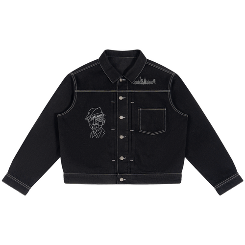 Elevate your luxury denim jacket lineup with the House of Teddy Blaze Afro Yorker Box Cut Denim Jacket. Heavyweight 428 gsm black cotton-poly denim jacket, contrast white stitching, Afro Yorker portrait, and NYC Statue of Liberty back emblem embroidery. Shop NYC to Vegas style
