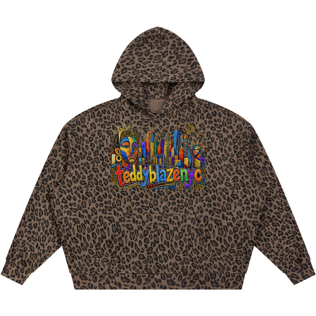 Elevate your hoodie game with the House of Teddy Blaze Afro Yorker Box Cut Leopard Print Hoodie. All-over leopard fleece 320 gsm hoodie, oversized box cut, kangaroo pocket, and Afrocentric NYC skyline back artwork. Shop NYC to Vegas style.
