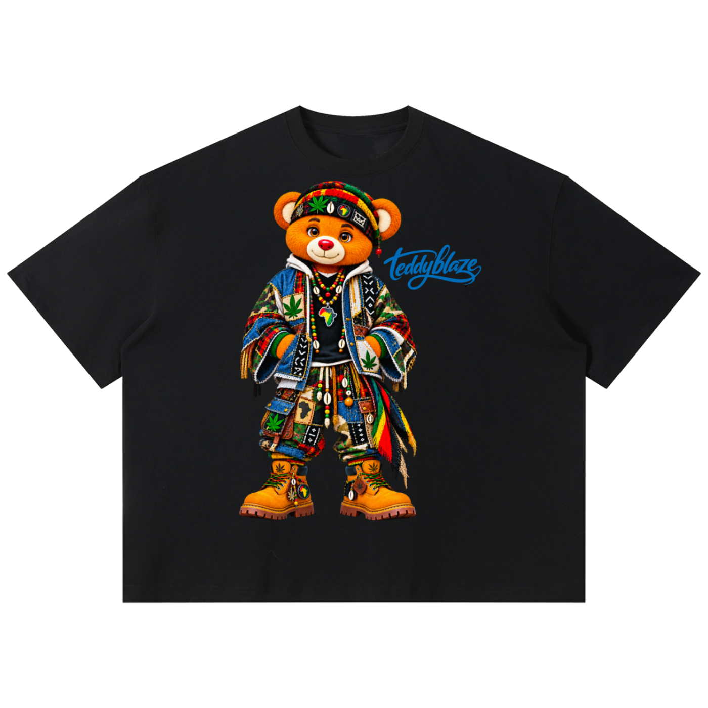 Shop the Teddy Blaze Boho Boxy Tee. 220 GSM cotton-poly oversized drop-shoulder t-shirt with boho bear graphic from TOPS BY TEDDY BLAZE.
