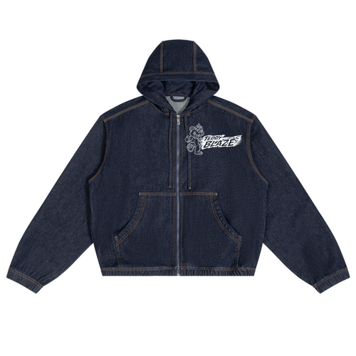 Elevate your outerwear rotation with the House of Teddy Blaze Box Cut Vintage Wash Denim Zip Hoodie. Washed indigo 425 gsm denim zip hoodie, contrast stitching, split pouch pockets, and white line-art Mr. Blazehead mascot embroidery. Shop NYC to Vegas style