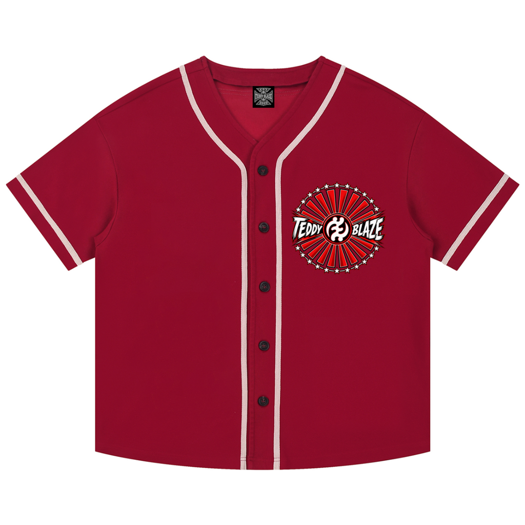 Teddy Blaze Brand Rising Baseball Jersey in deep red with contrast piping, Brand Rising chest emblem and statement Teddy Blaze Samurai back artwork.