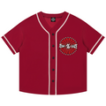 Teddy Blaze Brand Rising Baseball Jersey in deep red with contrast piping, Brand Rising chest emblem and statement Teddy Blaze Samurai back artwork.