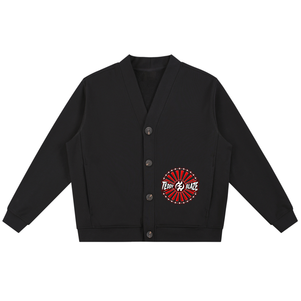 Shop the Teddy Blaze Brand Rising Cardigan, a substantial cotton-blend unisex layer featuring the Brand Rising emblem and Teddy Blaze Samurai back artwork.