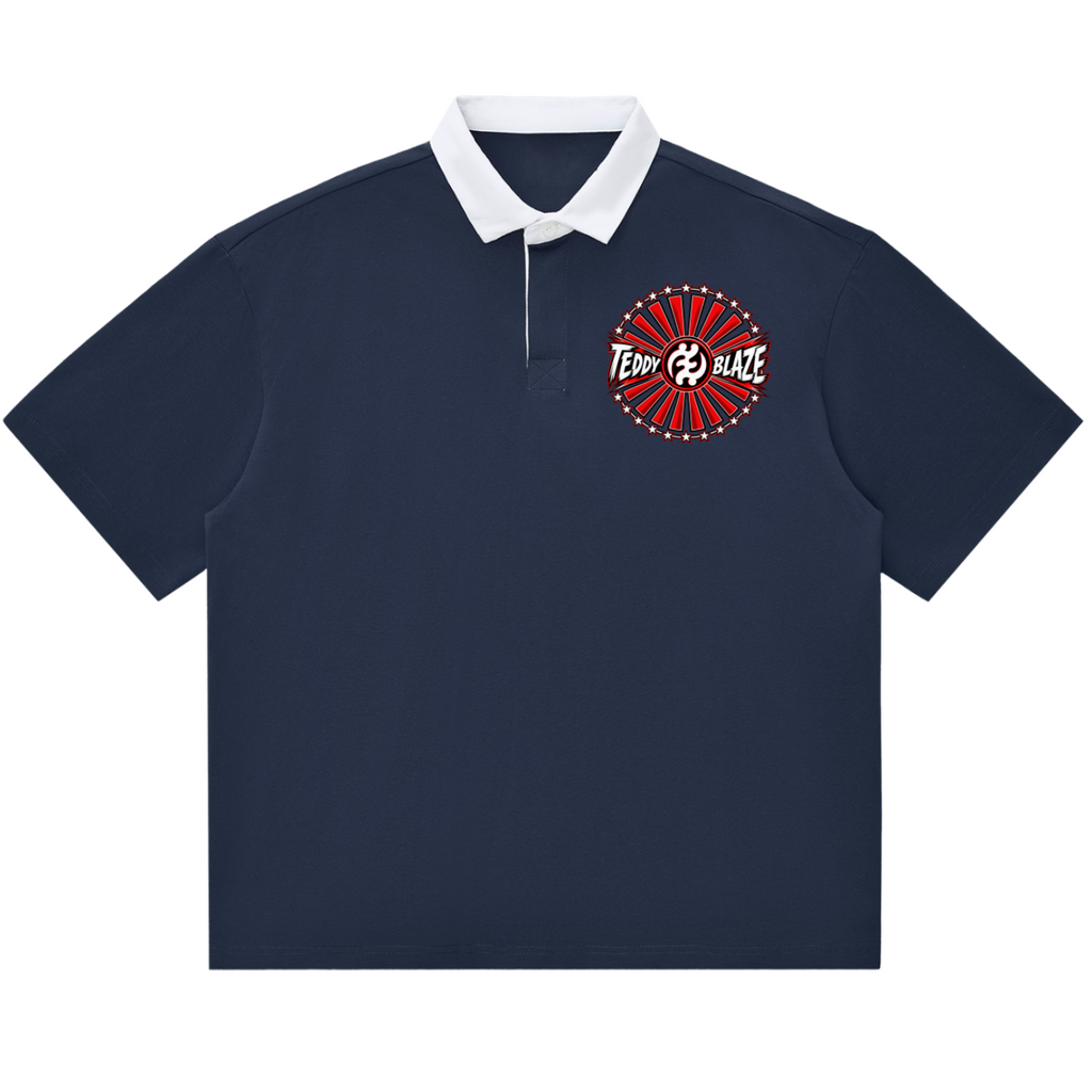 Shop the Teddy Blaze Brand Rising Contrast Collar Polo featuring Teddy Blaze Samurai, Gye Nyame artwork, a crisp contrast collar and relaxed unisex styling.