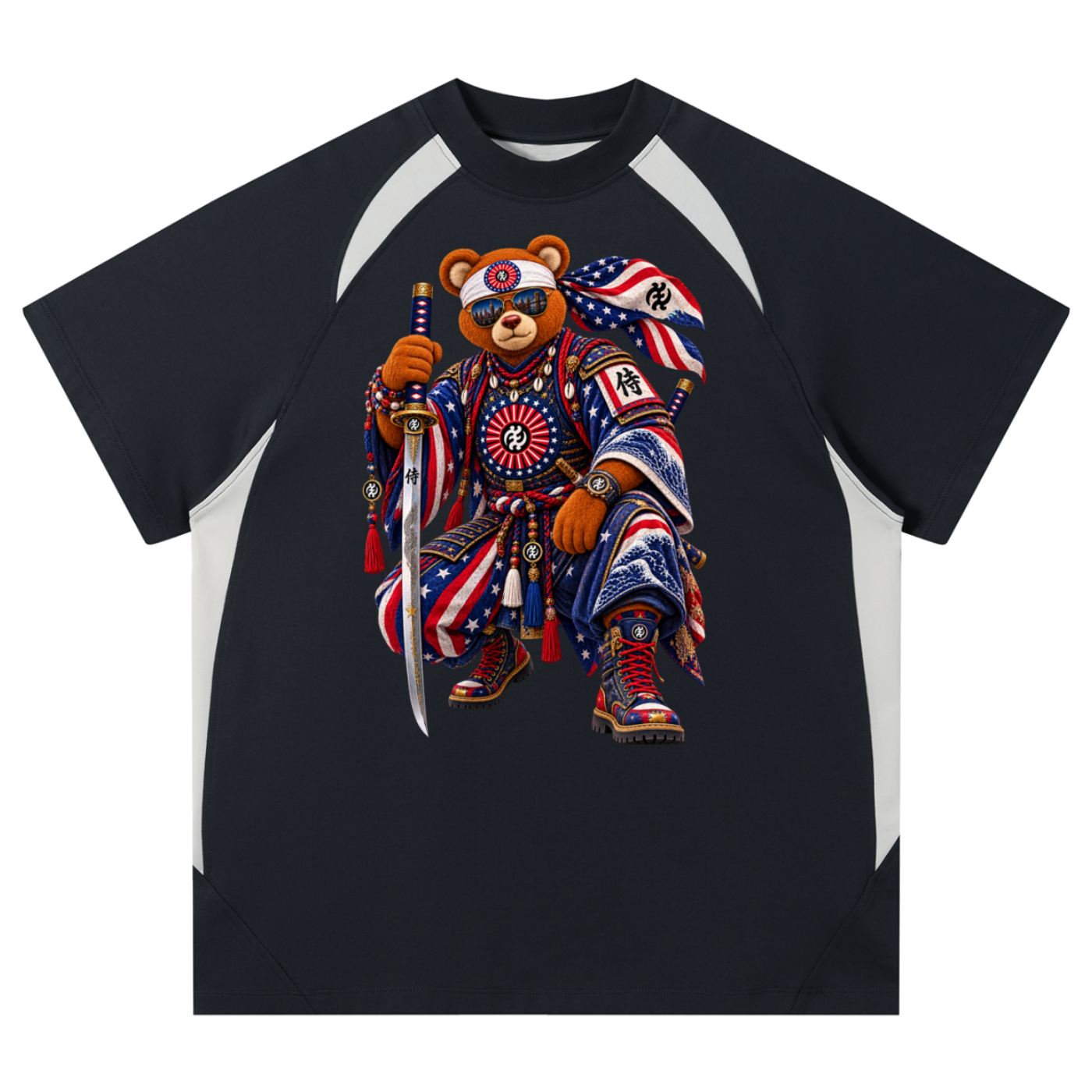 Shop the Teddy Blaze Brand Rising Contrast Panel Performance Tee featuring Teddy Blaze Samurai, Gye Nyame artwork and bold athletic-inspired color blocking.