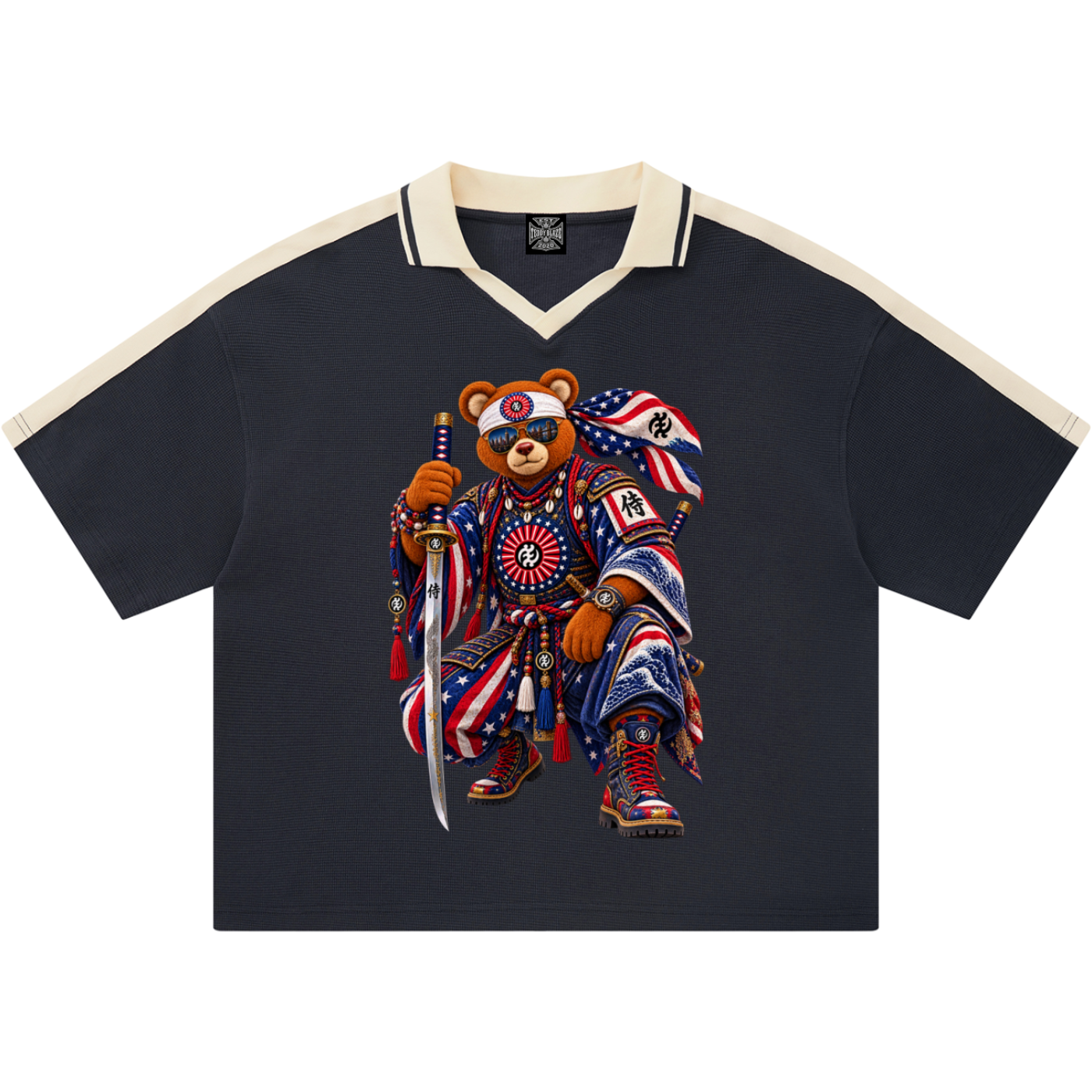 Discover the Teddy Blaze Brand Rising Contrast Polo, a heavyweight boxy polo featuring Teddy Blaze Samurai, Gye Nyame artwork and contrast trim.