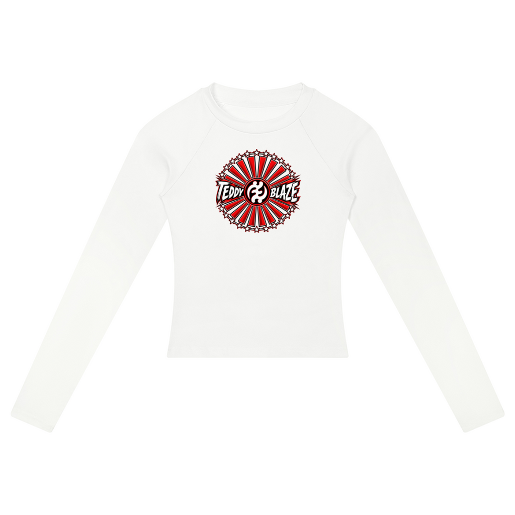 Shop the Teddy Blaze Brand Rising Slim Raglan Jumper, a fitted stretch-cotton women's top featuring the Brand Rising Gye Nyame emblem and Teddy Blaze Samurai artwork.