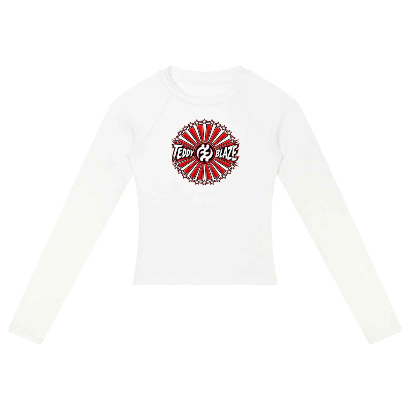 Shop the Teddy Blaze Brand Rising Slim Raglan Jumper, a fitted stretch-cotton women's top featuring the Brand Rising Gye Nyame emblem and Teddy Blaze Samurai artwork.
