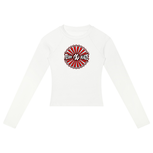 Shop the Teddy Blaze Brand Rising Slim Raglan Jumper, a fitted stretch-cotton women's top featuring the Brand Rising Gye Nyame emblem and Teddy Blaze Samurai artwork.