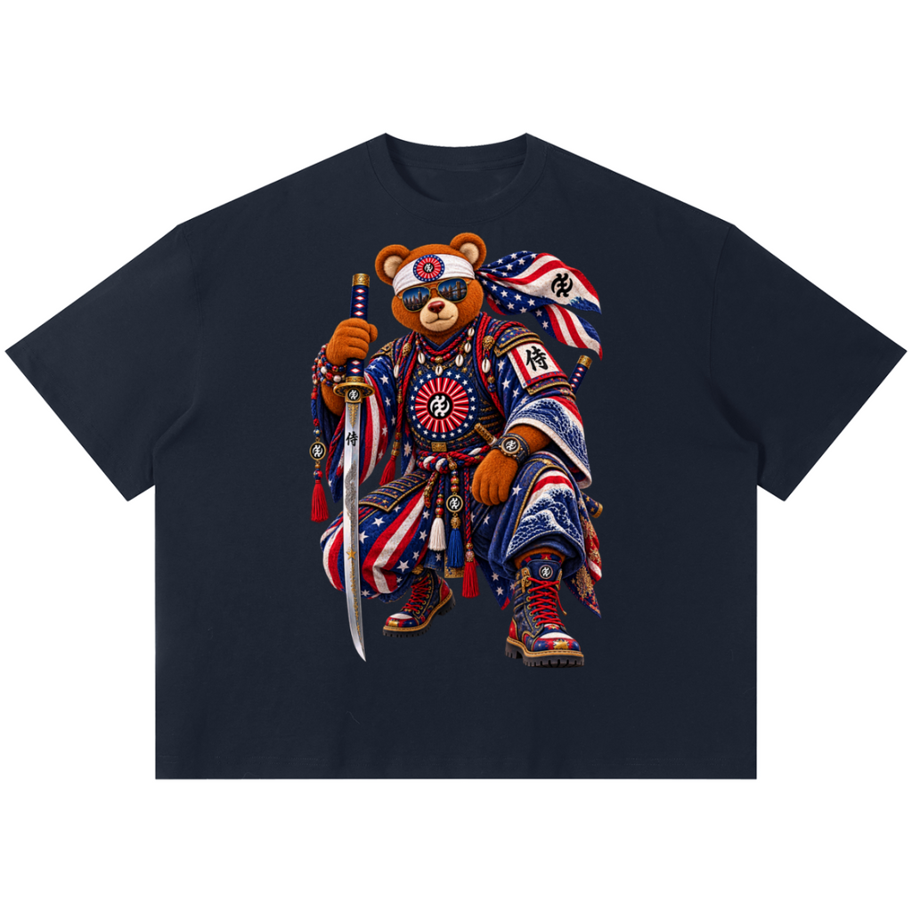 Shop the Teddy Blaze Brand Rising Boxy Tee featuring Teddy Blaze Samurai, Gye Nyame artwork and a relaxed cotton-rich streetwear silhouette.