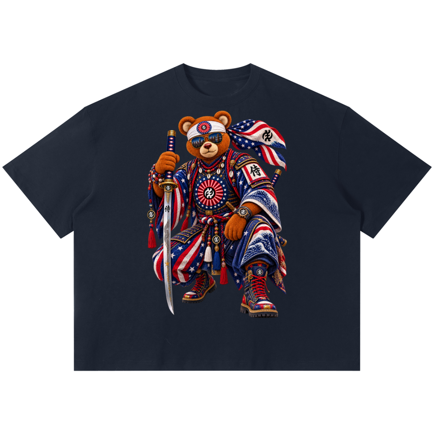 Shop the Teddy Blaze Brand Rising Boxy Tee featuring Teddy Blaze Samurai, Gye Nyame artwork and a relaxed cotton-rich streetwear silhouette.