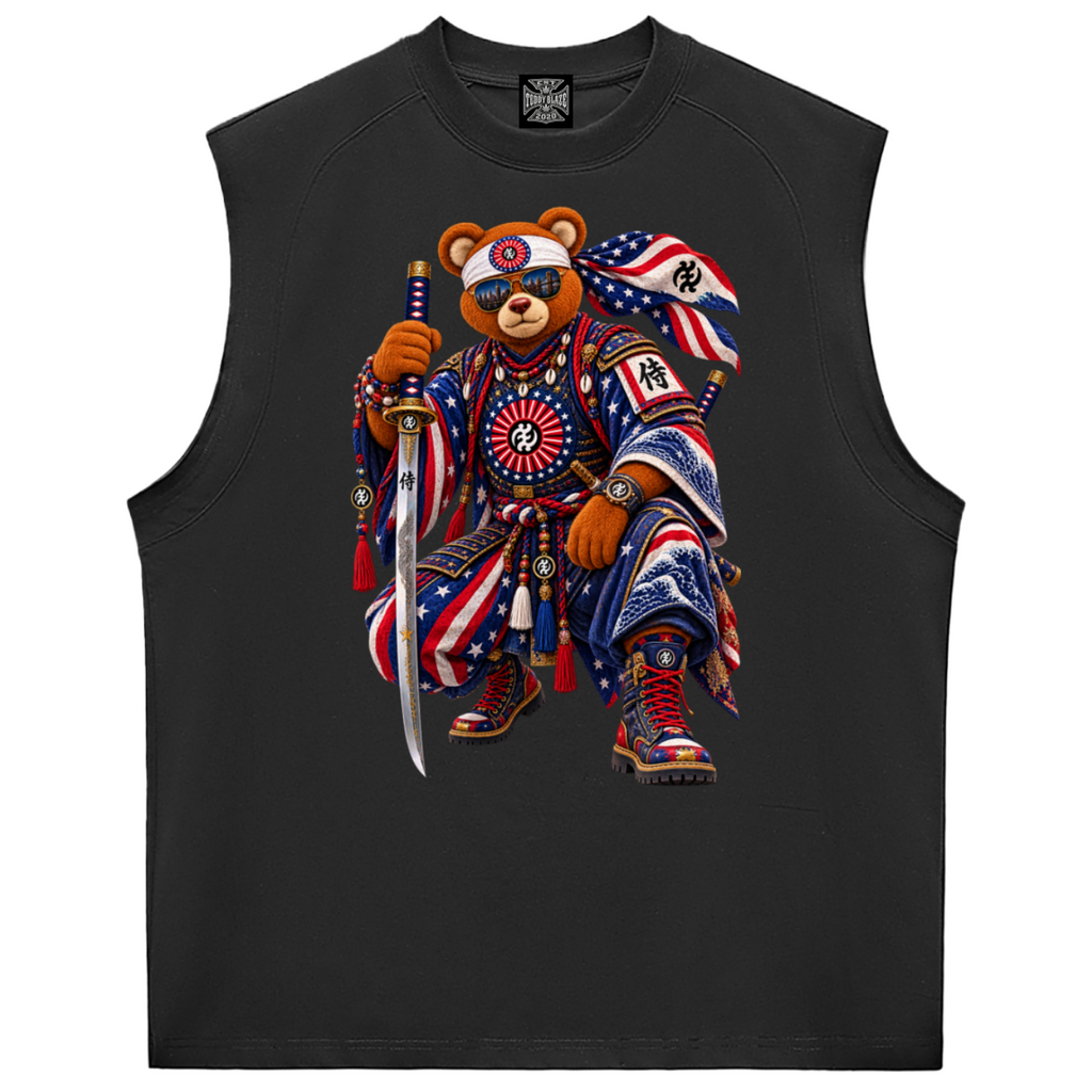 Shop the Teddy Blaze Brand Rising Sorona Quick-Dry Cooling Tank, a cotton-Sorona unisex sleeveless streetwear tank featuring Teddy Blaze Samurai artwork.