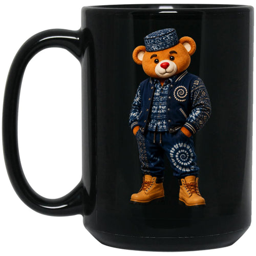 Meet Teddy Blaze Indigo on a glossy 15oz black ceramic mug featuring indigo African textile-inspired style. Dishwasher safe and printed in Detroit.