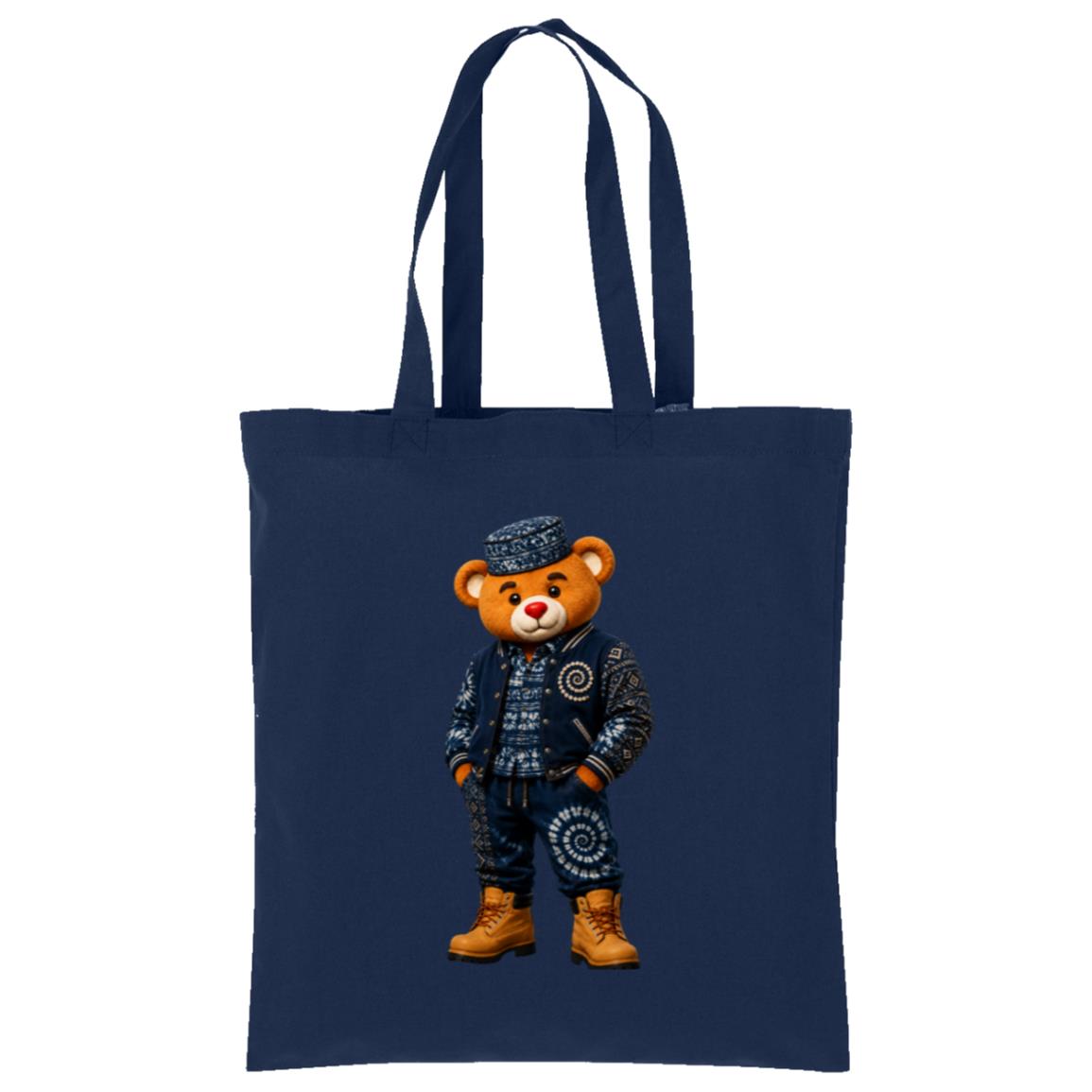 Carry Teddy Blaze Indigo on a navy 100% cotton tote featuring Afrocentric indigo textile style. Lightweight everyday bag printed in Detroit.