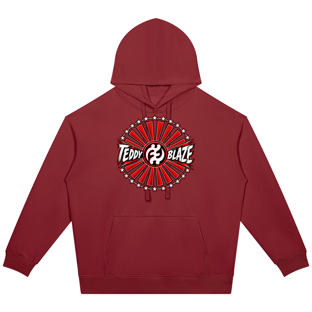 Shop the Teddy Blaze Rising oversized heavyweight hoodie featuring Gye Nyame and Teddy Blaze Samurai artwork in a bold Afrodemia Americana cultural fusion.