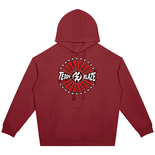 Shop the Teddy Blaze Rising oversized heavyweight hoodie featuring Gye Nyame and Teddy Blaze Samurai artwork in a bold Afrodemia Americana cultural fusion.