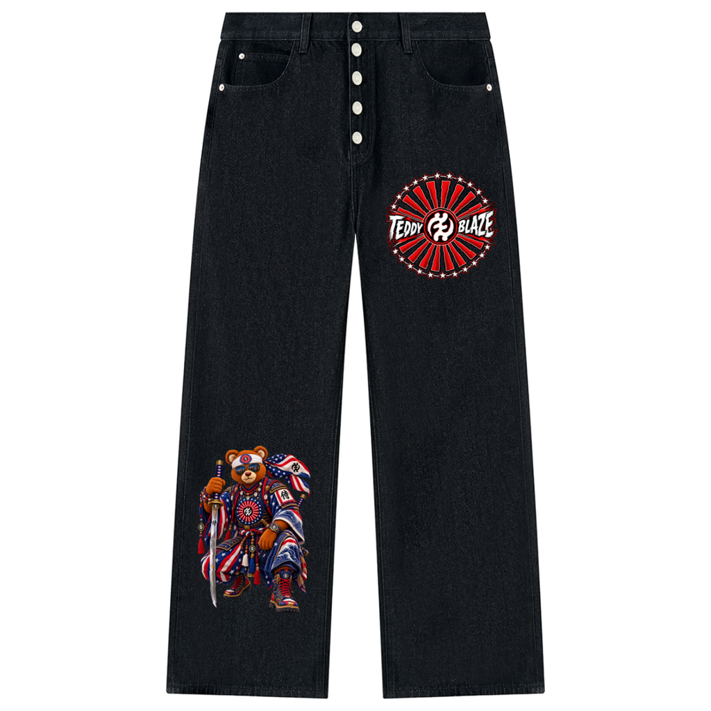 Shop Teddy Blaze Rising Vintage Wash Wide Leg Jeans in heavyweight black denim with Gye Nyame artwork and Teddy Blaze Samurai graphics.