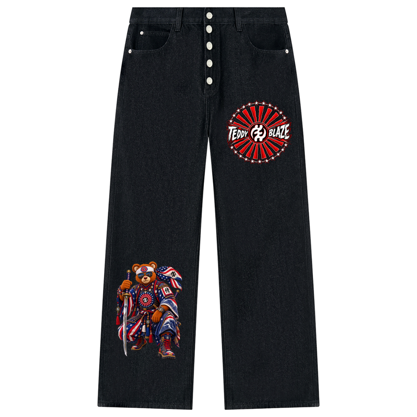 Shop Teddy Blaze Rising Vintage Wash Wide Leg Jeans in heavyweight black denim with Gye Nyame artwork and Teddy Blaze Samurai graphics.