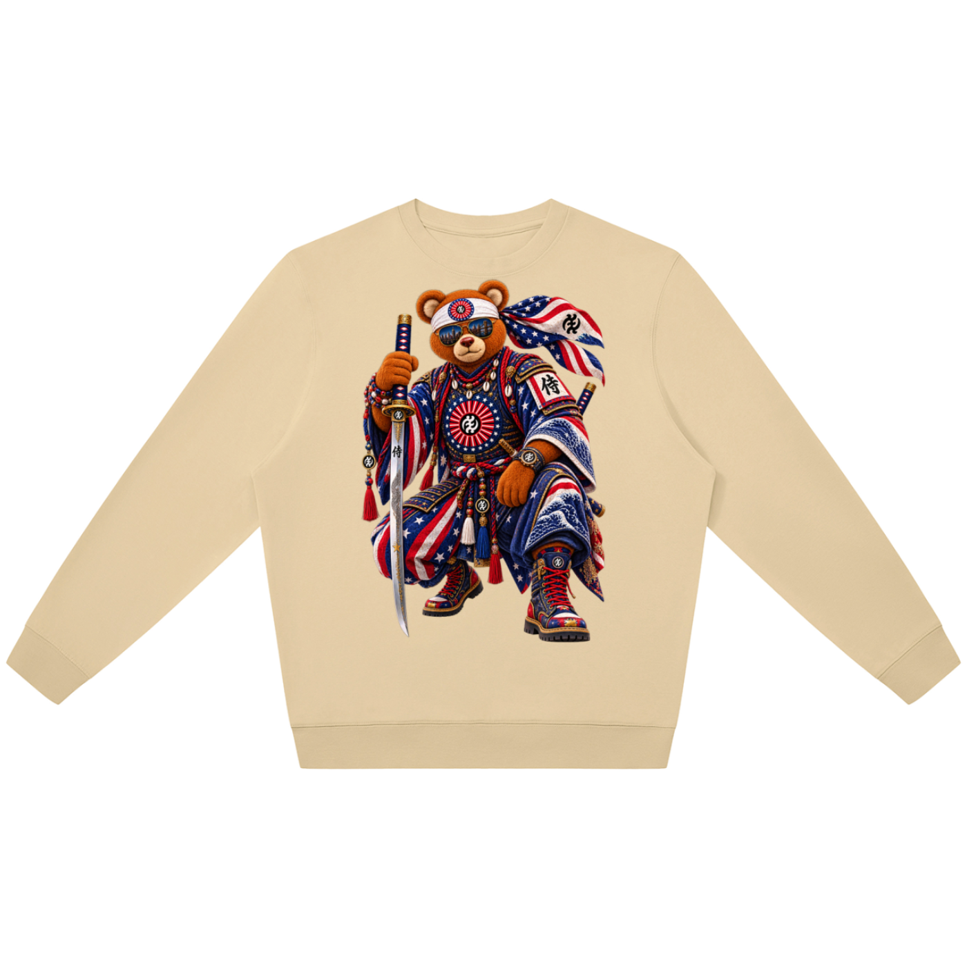Teddy Blaze, Teddy Blaze Samurai, Samurai jumper, oversized jumper, oversized sweatshirt, unisex sweatshirt, graphic sweatshirt, beige sweatshirt, men's oversized sweatshirt, Afrocentric streetwear, Afrodemia Americana, Americana streetwear, Japanese inspired streetwear, samurai graphic, character streetwear, cotton blend sweatshirt, graphic jumper, Men of Blaze, Teddy Blaze clothing