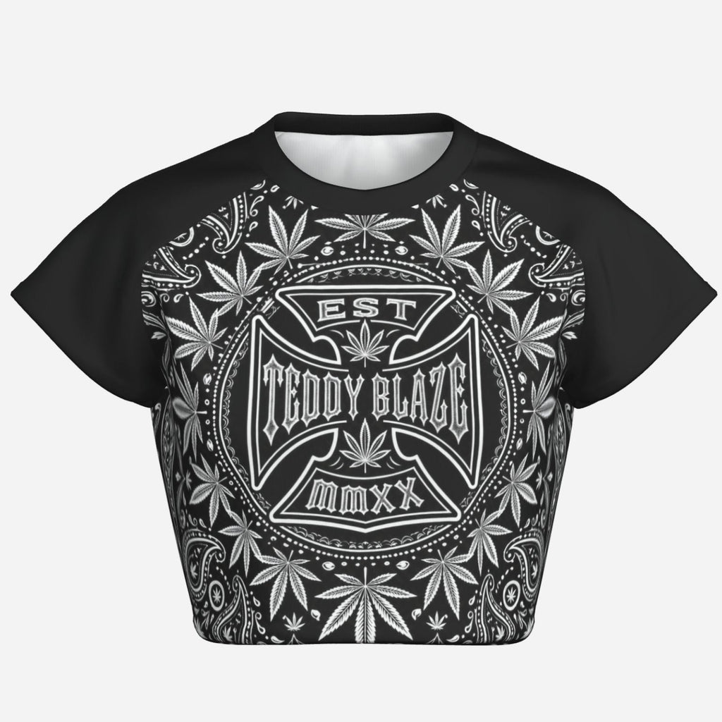 Black-and-white cropped raglan tee with a cotton-like feel, four-way stretch, TeddyFlora artwork and the DaCruz Cross by Teddy Blaze.