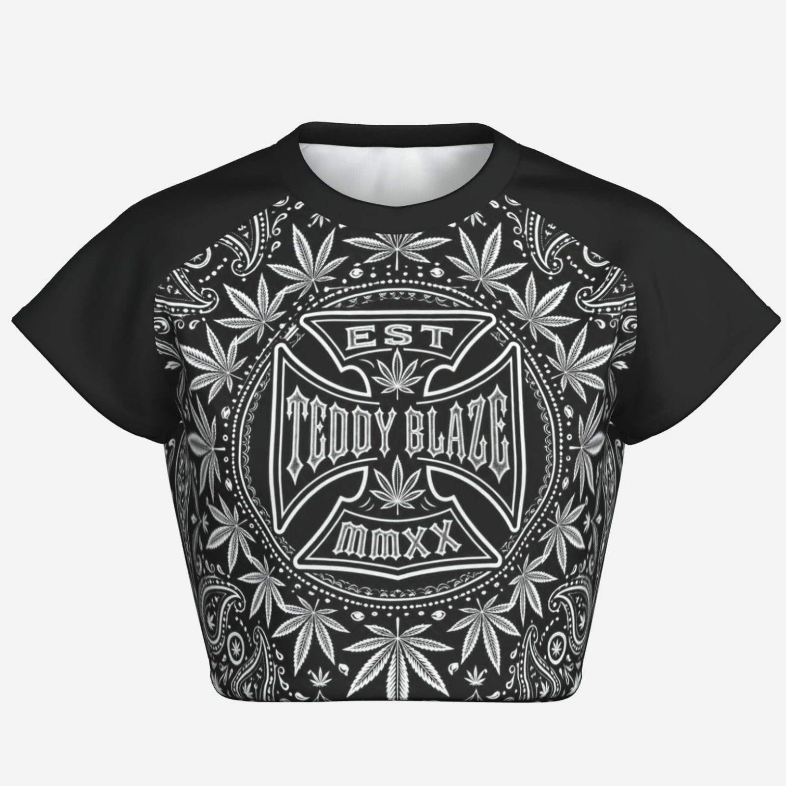 Black-and-white cropped raglan tee with a cotton-like feel, four-way stretch, TeddyFlora artwork and the DaCruz Cross by Teddy Blaze.
