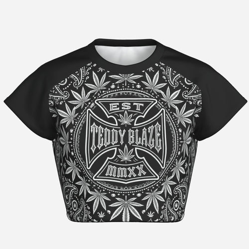 Black-and-white cropped raglan tee with a cotton-like feel, four-way stretch, TeddyFlora artwork and the DaCruz Cross by Teddy Blaze.