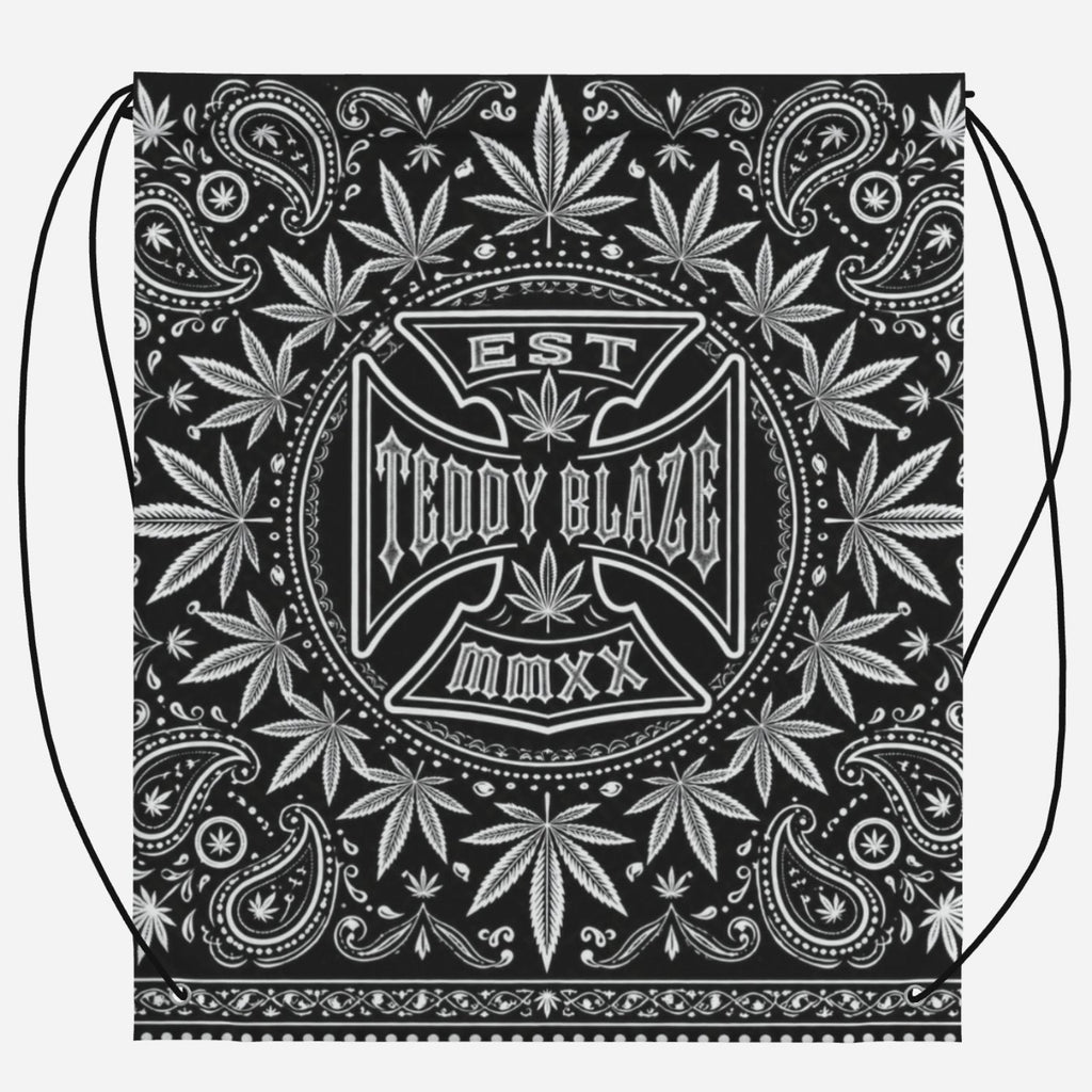 Lightweight black-and-white drawstring bag featuring the DaCruz Cross, TeddyFlora and paisley-inspired artwork by Teddy Blaze.