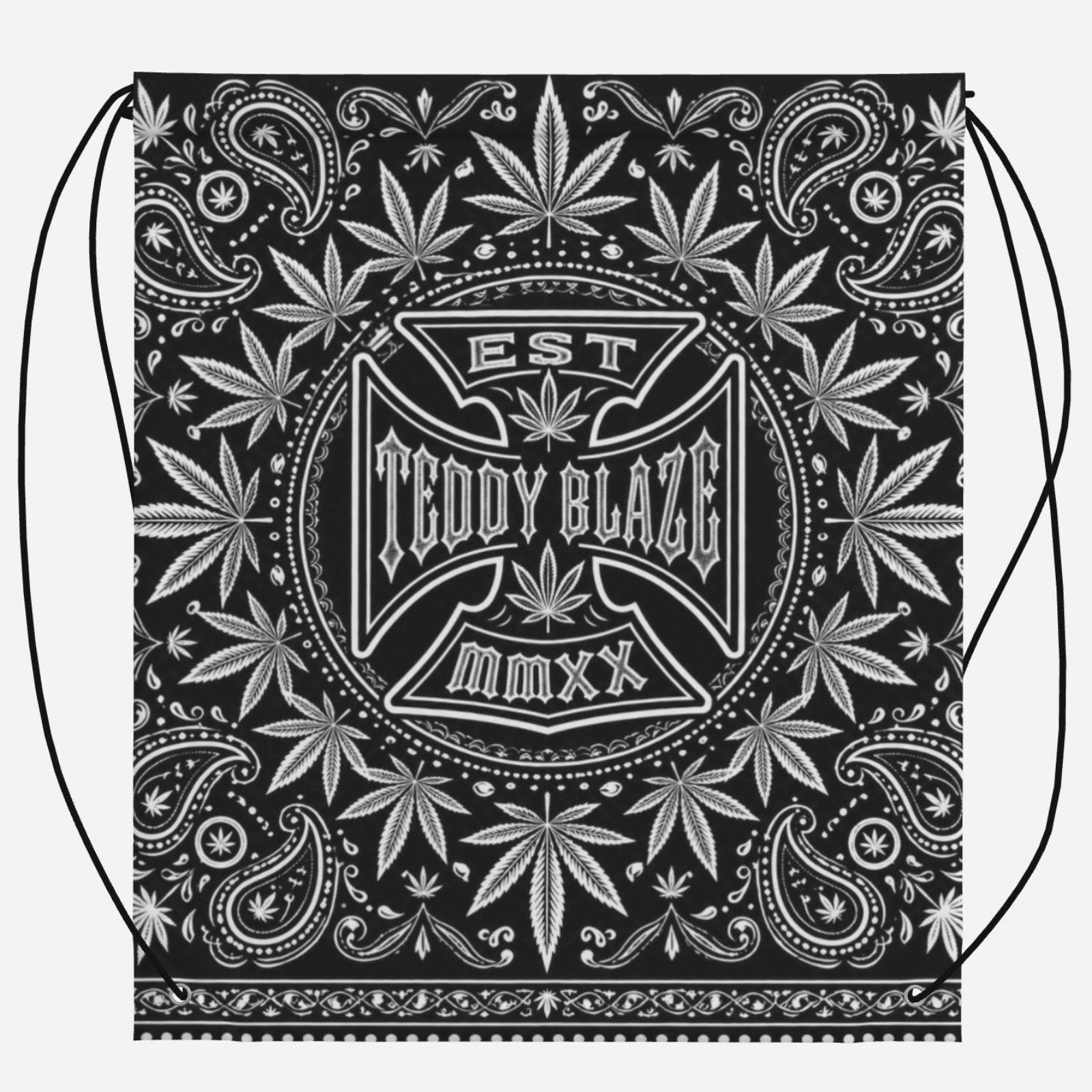 Lightweight black-and-white drawstring bag featuring the DaCruz Cross, TeddyFlora and paisley-inspired artwork by Teddy Blaze.