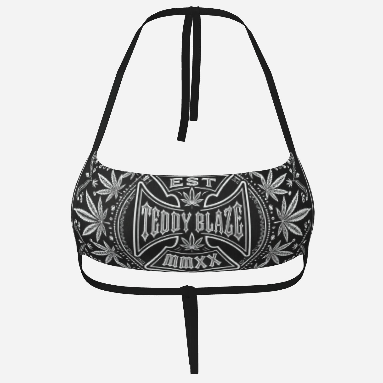 Black-and-white milk silk halter bandeau with adjustable ties, TeddyFlora artwork and the DaCruz Cross from Teddy Blaze.