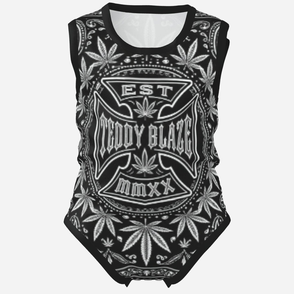 TeddyFlora Cruz sleeveless baby romper featuring the DaCruz Crest in bold black-and-white graphics, soft stretch fabric and convenient snap closure.