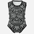 TeddyFlora Cruz sleeveless baby romper featuring the DaCruz Crest in bold black-and-white graphics, soft stretch fabric and convenient snap closure.