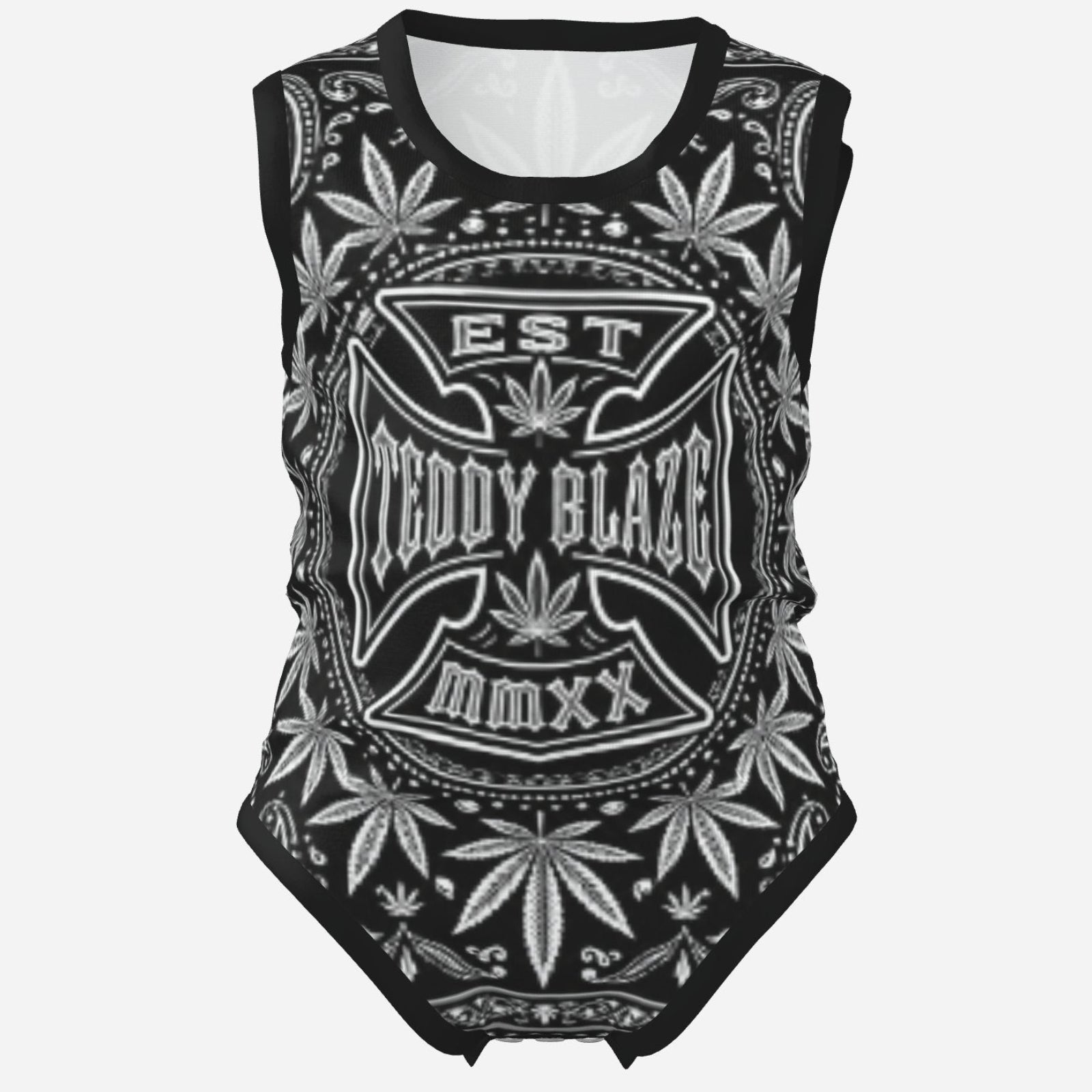 TeddyFlora Cruz sleeveless baby romper featuring the DaCruz Crest in bold black-and-white graphics, soft stretch fabric and convenient snap closure.