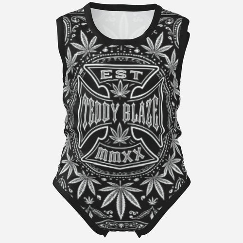 TeddyFlora Cruz sleeveless baby romper featuring the DaCruz Crest in bold black-and-white graphics, soft stretch fabric and convenient snap closure.