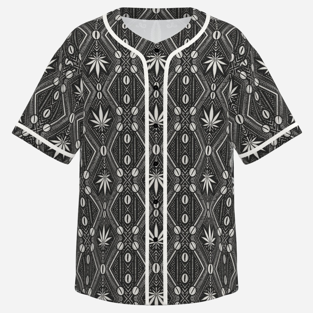 Black-and-white Teddy Blaze baseball jersey featuring DaChek, TeddyFlora motifs, contrast piping and an oversized DaCruz Crest back graphic.