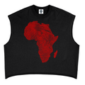 A black sleeveless crop top featuring a red graphic of the African continent in a fingerprint-like pattern on the front, displayed against a solid white background.