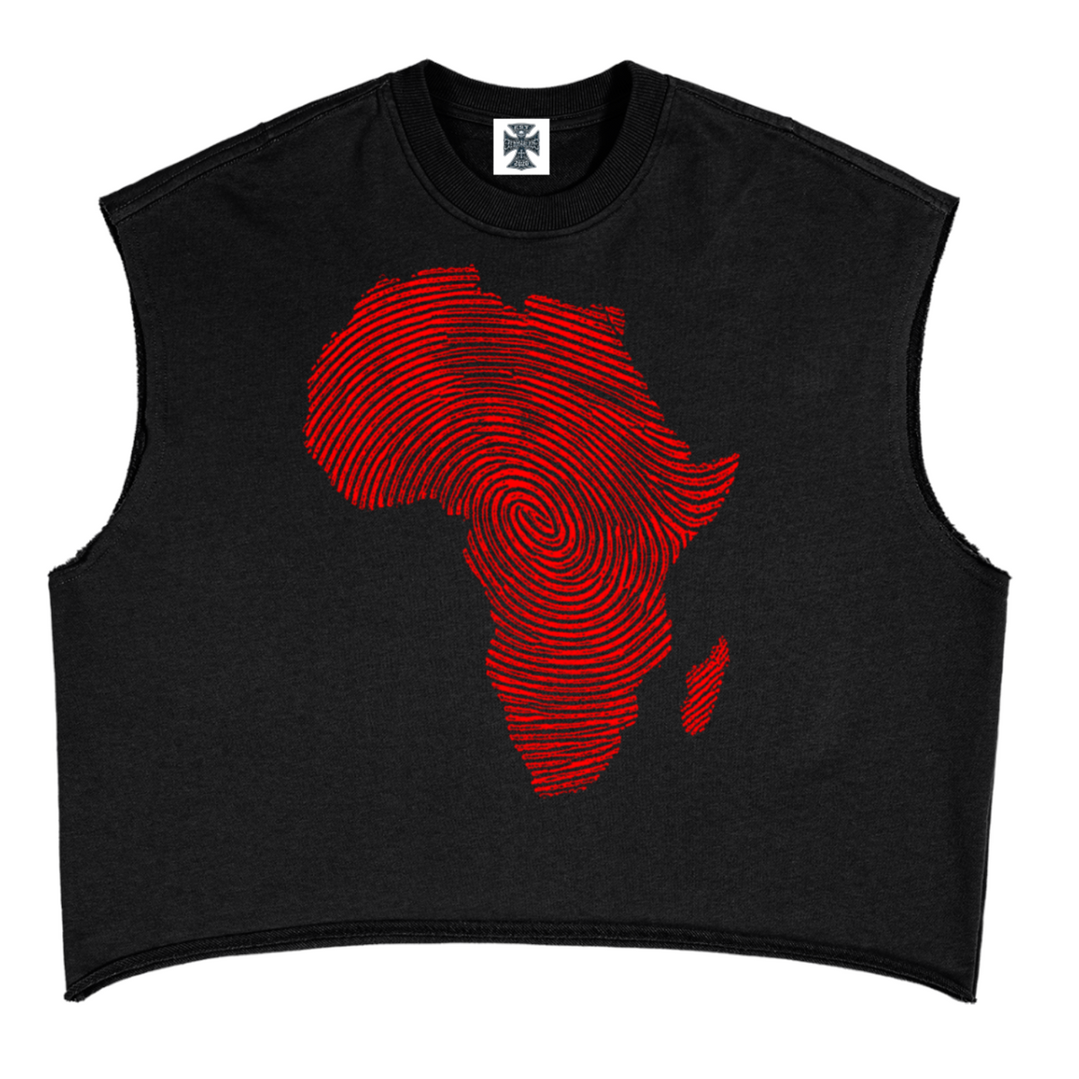 A black sleeveless crop top featuring a red graphic of the African continent in a fingerprint-like pattern on the front, displayed against a solid white background.